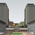 Urban Commercial Complex Featuring High Rise Buildings And Central Plaza Design