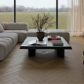 Modern Living and Dining Area With Large Windows Grassland View Light Sofa And Wooden Flooring