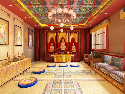 Religious Worship Hall Interior With Buddha Statues Incense Burners And Prayer Cushions 3d model