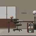 Modern Study Room Interior With Wooden Desk Green Office Chair And Glass Door Bookshelf