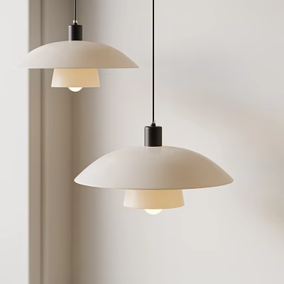 Two Modern Minimalist Pendant Lights With White Shades And Black Metal Rods For Interior Spaces 3d model