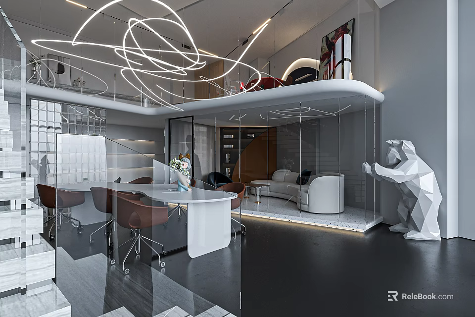 Modern Public Office Area Interior With Open Design Desks Chairs Circular Lights And Sofa 3d model 