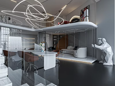 Modern Public Office Area Interior With Open Design Desks Chairs Circular Lights And Sofa 3d model