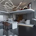 Modern Public Office Area Interior With Open Design Desks Chairs Circular Lights And Sofa