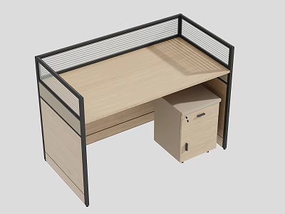 Modern Office Desk With Wooden Tabletop Black Metal Frame Mesh Screen Partition And Drawer Cabinet 3d model