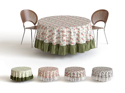 Round Table With Floral Tablecloths Ruffled Edges And Various Designs With Chairs 3d model
