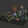 3D Fantasy Forest Scene Components With Colorful Mushrooms Crystals And Plants