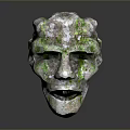 Mystical Stone Mask Depicting Ancient Character With Moss Covered Creature Features And Weathered Texture