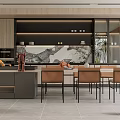 Modern Restaurant Interior With Marble Island Countertop Wooden Cabinets Dining Table And Decorative Plants