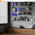 Vintage Digital Display with Vinyl Records and Radio on Wooden Cabinet Shelves and Blinds
