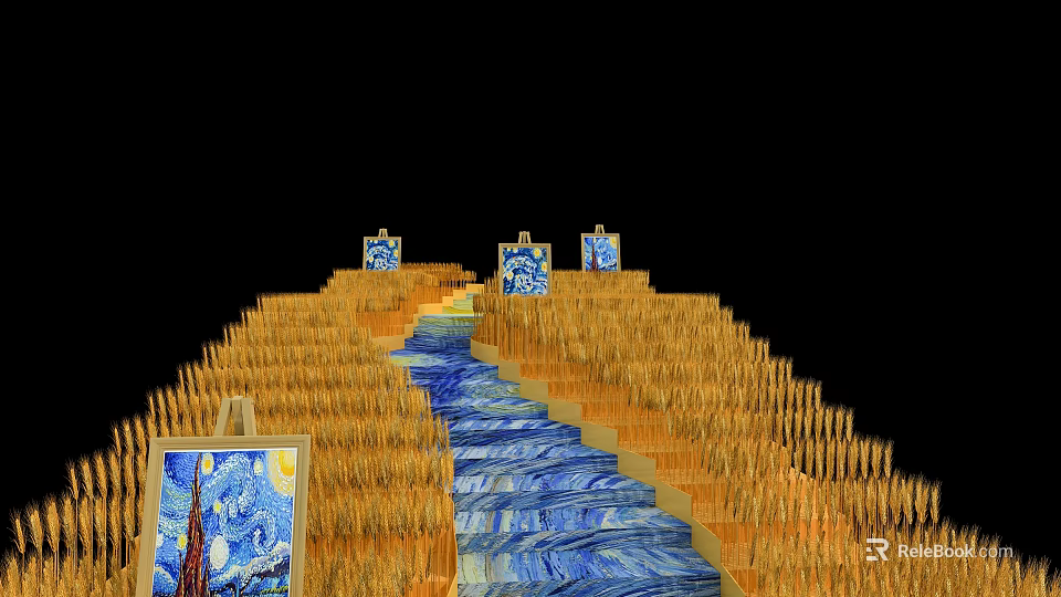 Photo Check-in Spot With Golden Wheat Blue Wavy Path Van Gogh Painting And Decorative Signs 3d model 