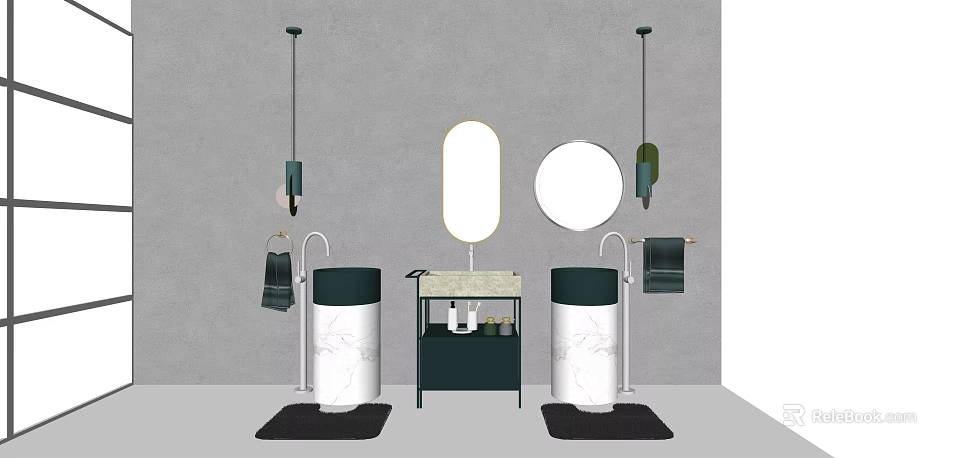 Modern Double Washbasin Vanity with Marble Countertops Oval Mirror Green Cabinet and Black Mats 3d model 