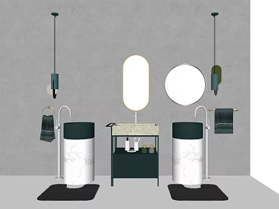 Modern Double Washbasin Vanity with Marble Countertops Oval Mirror Green Cabinet and Black Mats 3d model