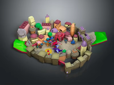 Cartoon 3D Village Scene with Playful Characters and Colorful Creatures Interacting Among Small Houses 3d model