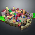 Cartoon 3D Village Scene with Playful Characters and Colorful Creatures Interacting Among Small Houses