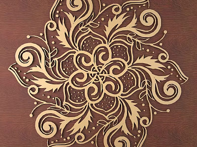 Intricate Golden Floral Carving On Wooden Background With Curved Lines Leaves And Detailed Patterns 3d model