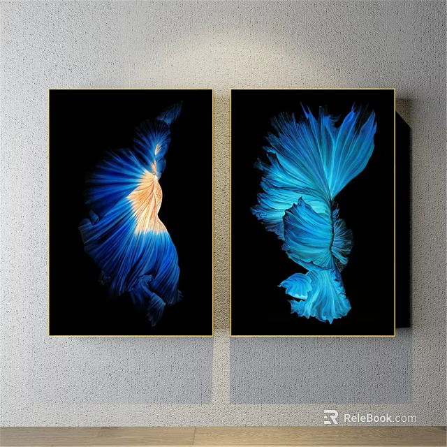 Abstract Paintings With Blue And Orange Flowing Forms In Black Frames Hanging On Gray Wall 3d model 