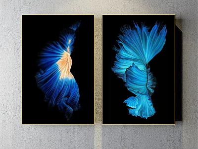 Abstract Paintings With Blue And Orange Flowing Forms In Black Frames Hanging On Gray Wall 3d model