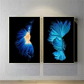 Abstract Paintings With Blue And Orange Flowing Forms In Black Frames Hanging On Gray Wall