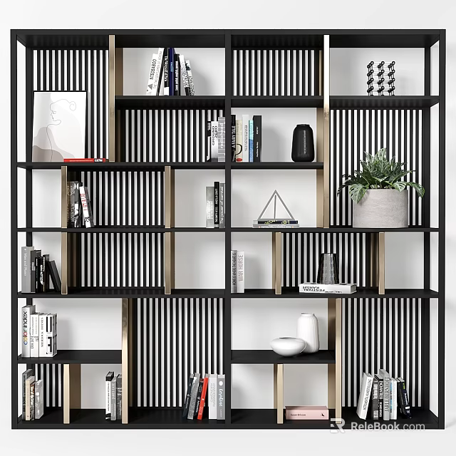 Modern Black And White Striped Shelving Unit With Books Decorative Items And Potted Plant 3d model 