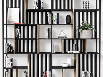 Modern Black And White Striped Shelving Unit With Books Decorative Items And Potted Plant 3d model