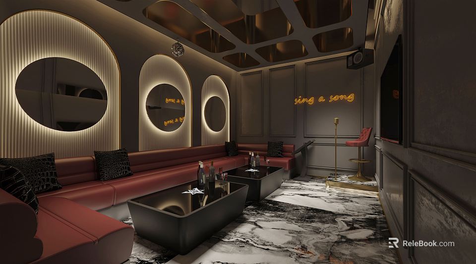 KTV Interior Design With Red Sofas Black Coffee Tables Circular Mirrors Neon Lights Microphone And Marble Flooring 3d model 