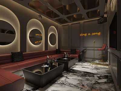 KTV Interior Design With Red Sofas Black Coffee Tables Circular Mirrors Neon Lights Microphone And Marble Flooring 3d model