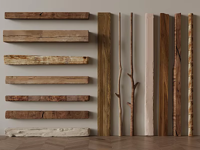 Various Textured Natural Wooden Planks And Sticks For Interior Decoration 3d model