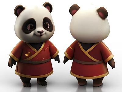 Cute Cartoon Pandas In Red Traditional Outfits Front And Back Views 3d model