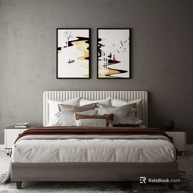 Modern Double Bed Featuring Light Headboard Multiple Pillows Nightstands and Wall Art 3d model 