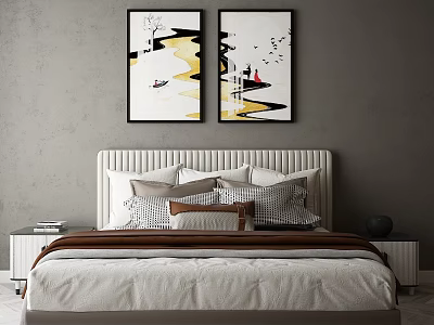 Modern Double Bed Featuring Light Headboard Multiple Pillows Nightstands and Wall Art 3d model
