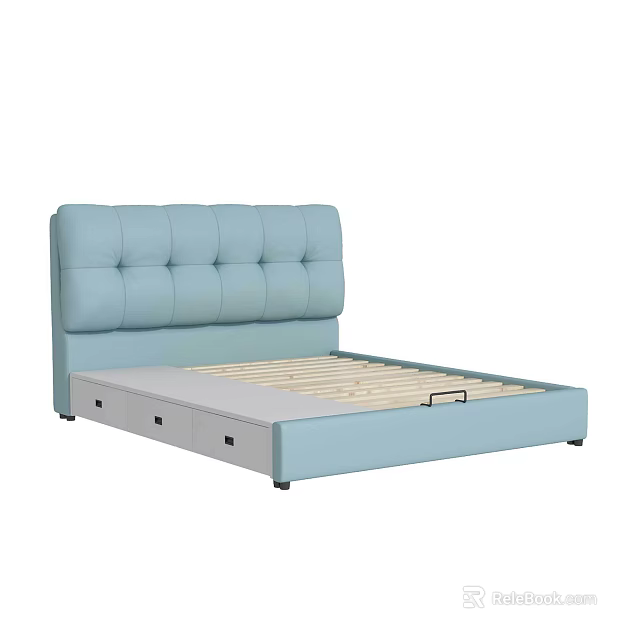 Light Blue Double Bed With Tufted Upholstered Headboard And Storage Drawers 3d model 