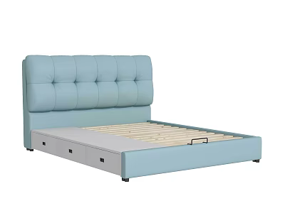 Light Blue Double Bed With Tufted Upholstered Headboard And Storage Drawers 3d model