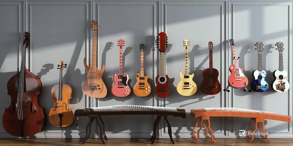 Various Musical Instruments Display With Guitars Violin Hanging On Gray Wall And Benches Below 3d model 