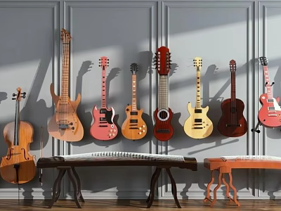 Various Musical Instruments Display With Guitars Violin Hanging On Gray Wall And Benches Below 3d model