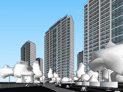 Modern High Rise Residential Buildings With Glass Windows And White Sculptural Trees 3d model