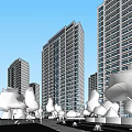 Modern High Rise Residential Buildings With Glass Windows And White Sculptural Trees