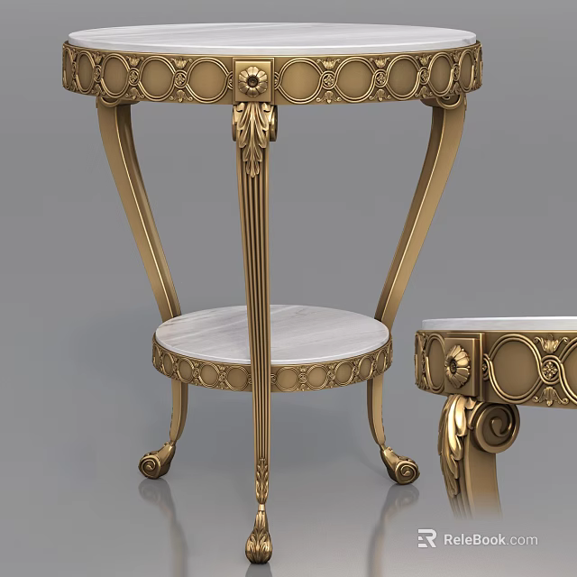 Elegant Gold Side Table With Ornate Carvings And Marble Top Lower Shelf 3d model 