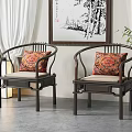 Chinese Style Wooden Frame Armchairs With Light Colored Cushion And Patterned Decorative Pillow