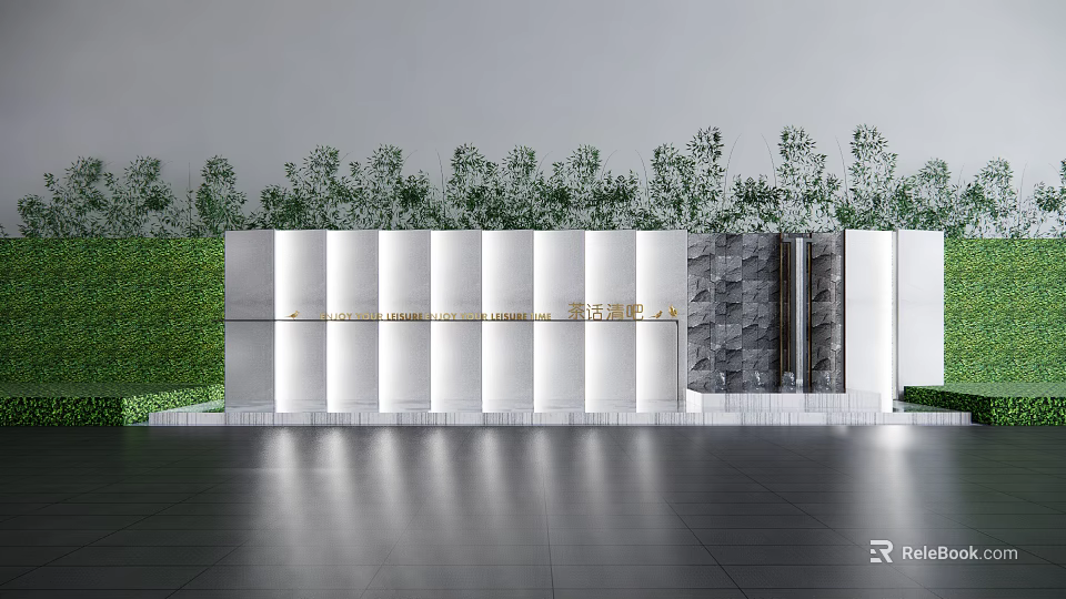 Modern Landscape Wall With White Panels Stone Accents Green Plant Background And Sleek Tiled Floor 3d model 