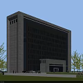 Modern Office Building Exterior Design With Glass Windows Stone Facade Green Trees Lawn Parking Area
