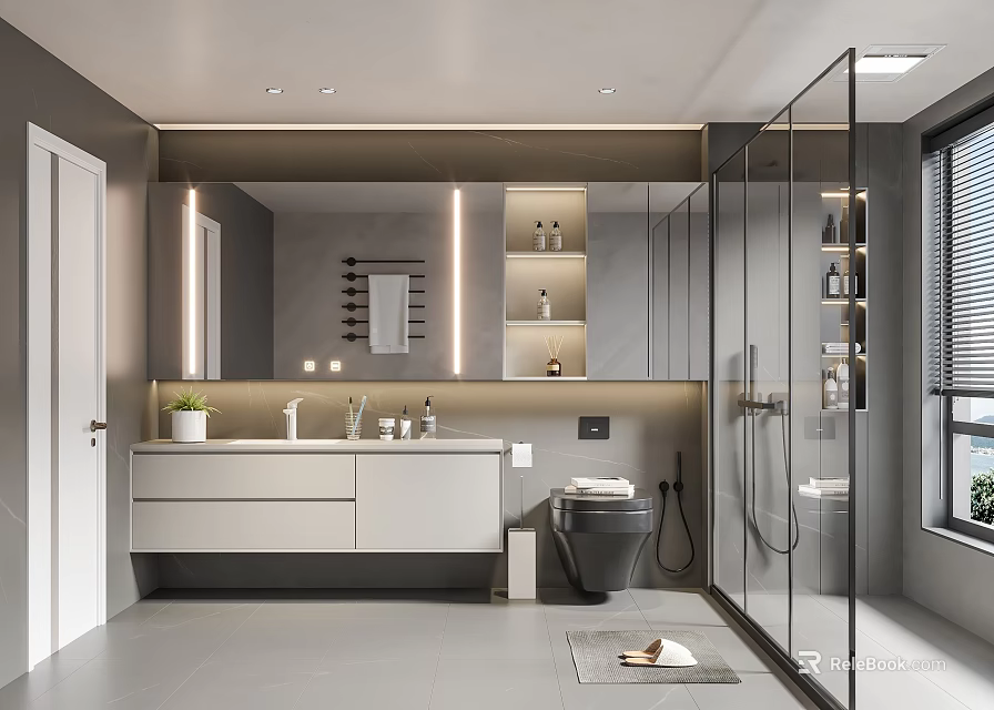 Modern Bathroom Interior Design With Large Mirror Vanity Counter Glass Shower And Cabinets 3d model 