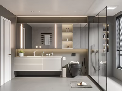Modern Bathroom Interior Design With Large Mirror Vanity Counter Glass Shower And Cabinets 3d model