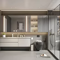 Modern Bathroom Interior Design With Large Mirror Vanity Counter Glass Shower And Cabinets