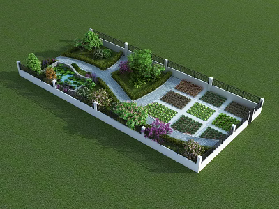 Beautiful Garden Landscape Design With Lawn Pathways Sectioned Planting Areas And Various Plants 3d model
