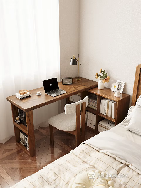 Cozy Bedroom Wooden Desk With Laptop Lamp Coffee Cup Books And Vase 3d model 