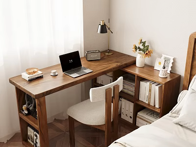Cozy Bedroom Wooden Desk With Laptop Lamp Coffee Cup Books And Vase 3d model