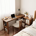 Cozy Bedroom Wooden Desk With Laptop Lamp Coffee Cup Books And Vase