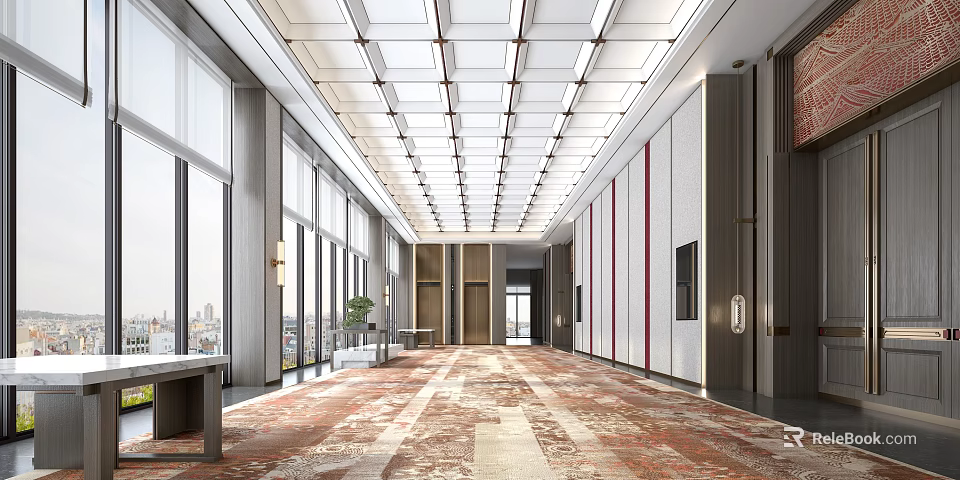 Elegant Modern Banquet Hall Interior With Grid Ceiling Large Windows And Patterned Carpet 3d model