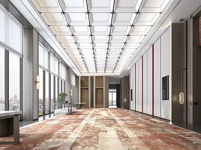 Elegant Modern Banquet Hall Interior With Grid Ceiling Large Windows And Patterned Carpet 3d model